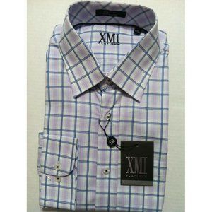 XMI PLATINUM MENS NEW WHITE 100%COTTON PLAID DRESS SHIRT SIZE: 17/32-33